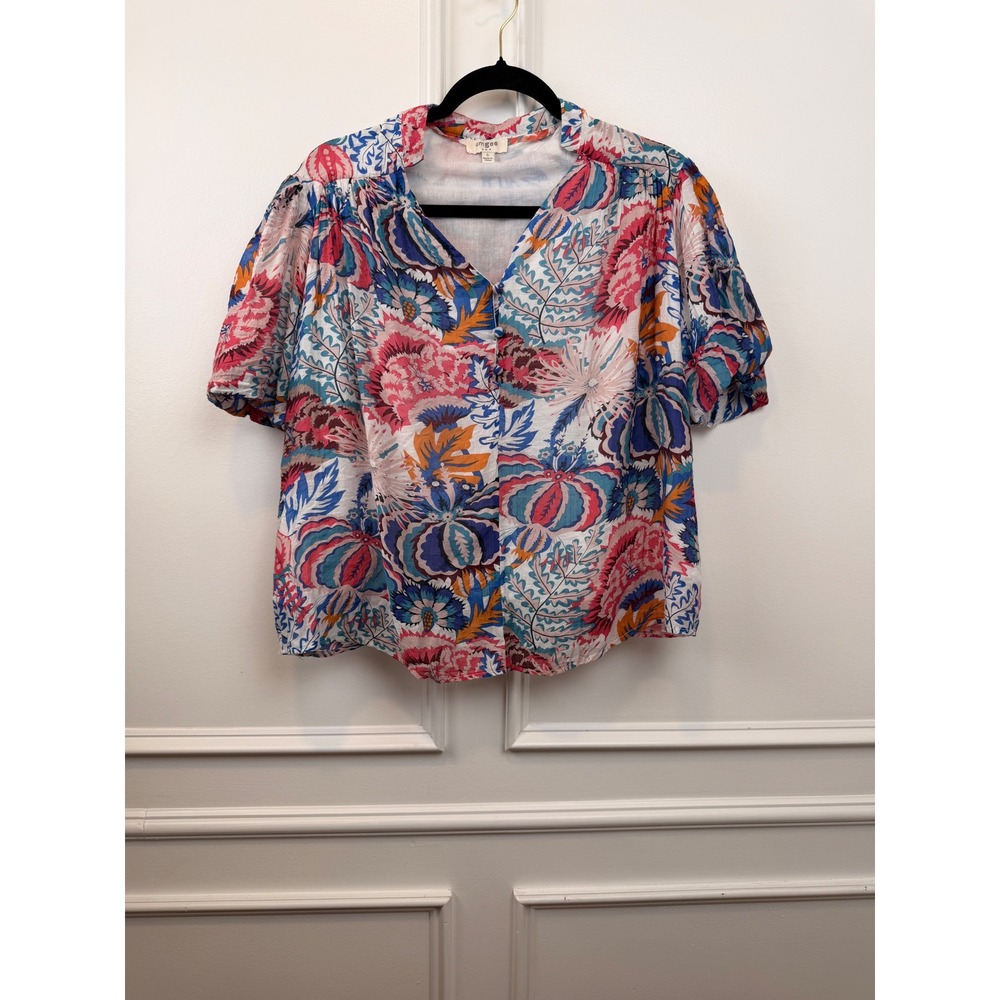 Umgee USA Floral Print Button Front Blouse Balloon Sleeve V-Neck Boho Small‎